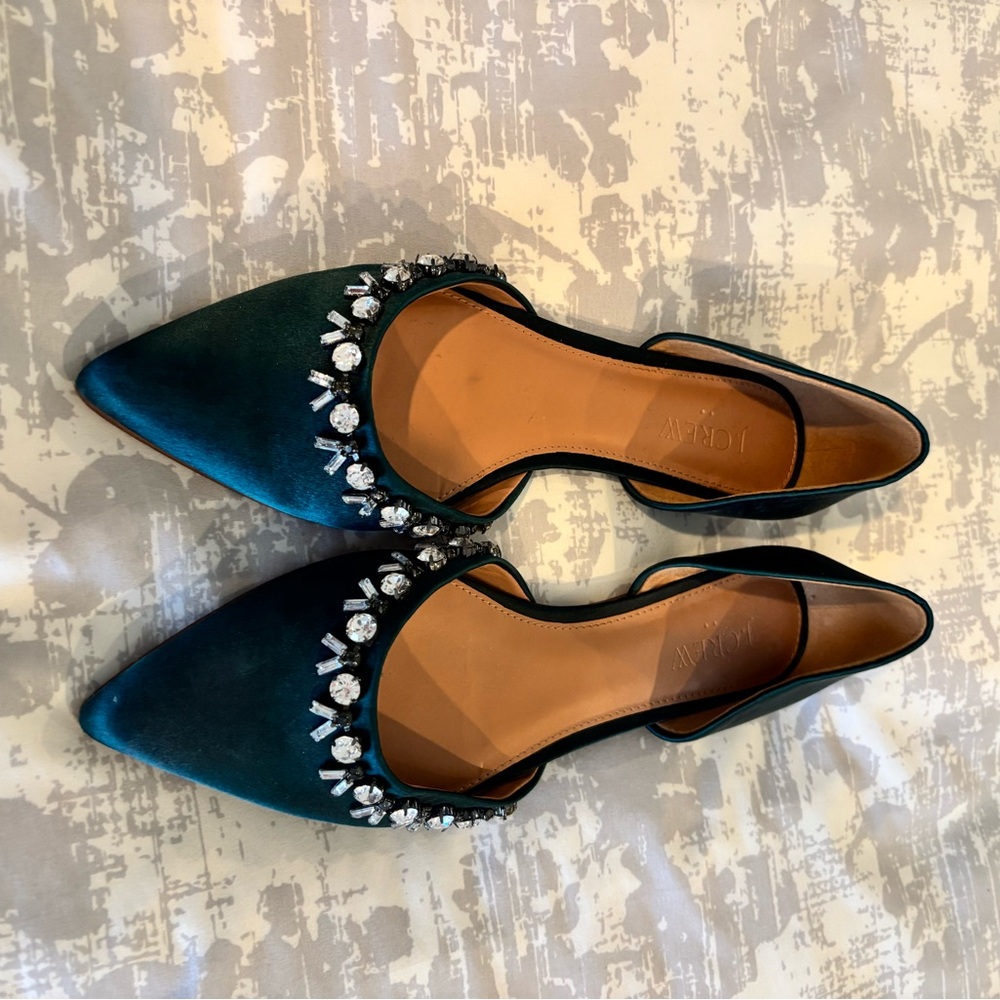 J. Crew Factory Teal Satin Pointed-Toe Jeweled Flats